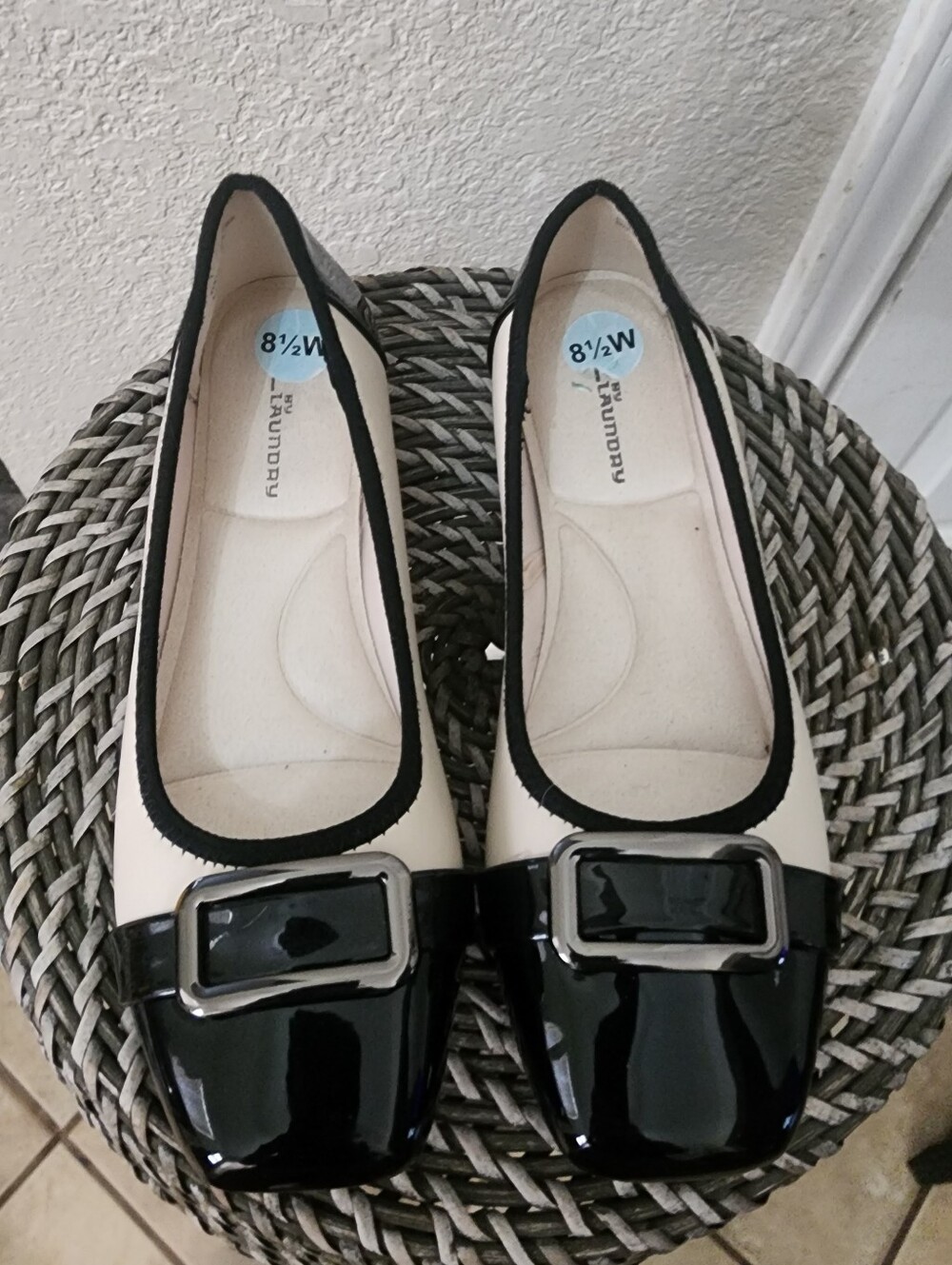 CL By Laundry Black and Ivory Patent Buckle Ballet Flats
